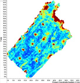EKKO_Project V5 software Depth slice at 0.3m deep showing scattered anomalies