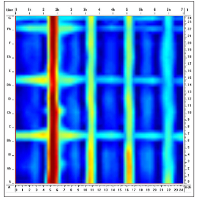 Conquest® GPR depth slice showing an unusually strong response from a reinforcing element just to the left of numeric line 2h. Conquest® GPR concrete slab scanning