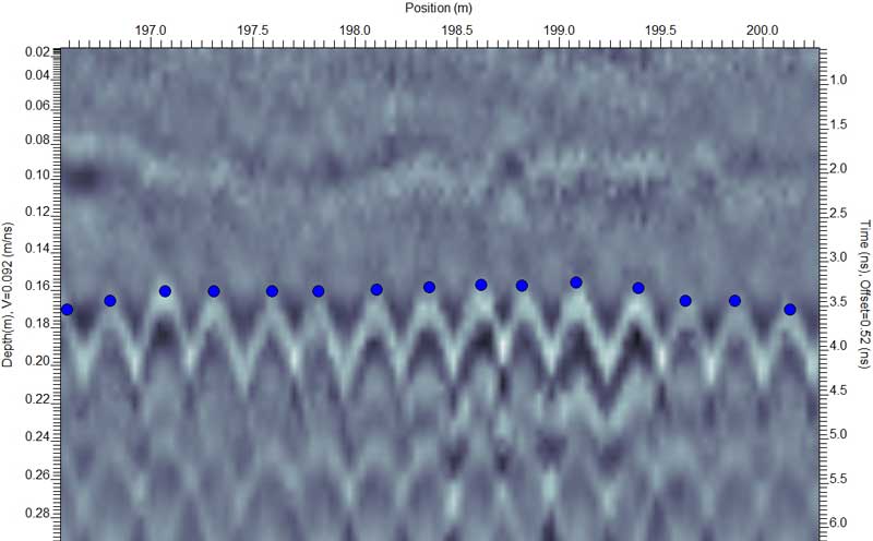 A cross-section of a portion of one GPR line across the bridge is shown above.