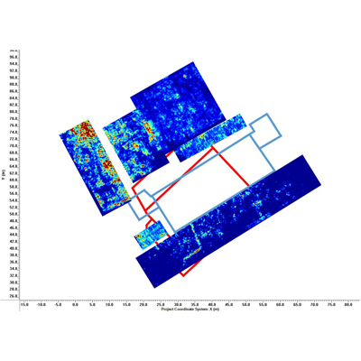 Grids superimposed on outlines of the new school and the ancient Synagogue.