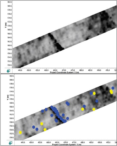 Depth slice showing the strong linear response from a utility (top) is confirmed after adding interpretations (bottom) Depth slice showing the strong linear response from a utility (top) is confirmed after adding interpretations (bottom)
