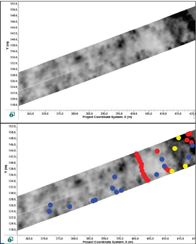 Depth slice (top) does not show any obvious linear utilities but after adding interpretations to all hyperbolas, including very weak ones, the interpretations reveal a utility that could easily have been missed (bottom) Depth slice (top) does not show any obvious linear utilities but after adding interpretations to all hyperbolas, including very weak ones, the interpretations reveal a utility that could easily have been missed (bottom).