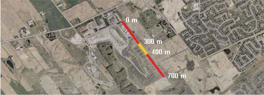 Google Earth map showing the 700 m long CPATT test road.