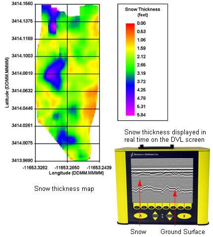 Example of graphical display of SnowScan® GPR signals on the field data logger. Operating SnowScan with a GPS unit delivers data visualized in a colour map such as shown here using the QuickMap PC software. Example of graphical display of SnowScan® GPR signals on the field data logger. Operating SnowScan with a GPS unit delivers data visualized in a colour map such as shown here using the QuickMap PC software.
