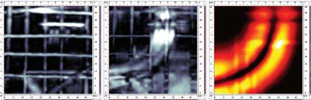 Conduits beneath slab - surface mounted,Reinforced concrete slab above an electrical room. On the underside are four surface mounted conduits, curving through the
image. Although the PCD images shows an “amalgamated” response, the GPR image can discern 4 targets. Conduits beneath slab - surface mounted