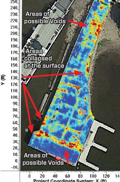 This 1-foot depth slice shows the already collapsed areas and additional areas of possible voids as strong GPR reflectors displayed as red and yellows. This 1-foot depth slice shows the already collapsed areas and additional areas of possible voids as strong GPR reflectors displayed as red and yellows.