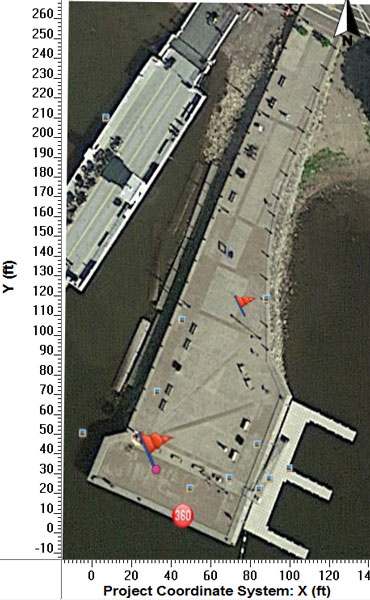 Aerial view of the pier showing many obstacles.