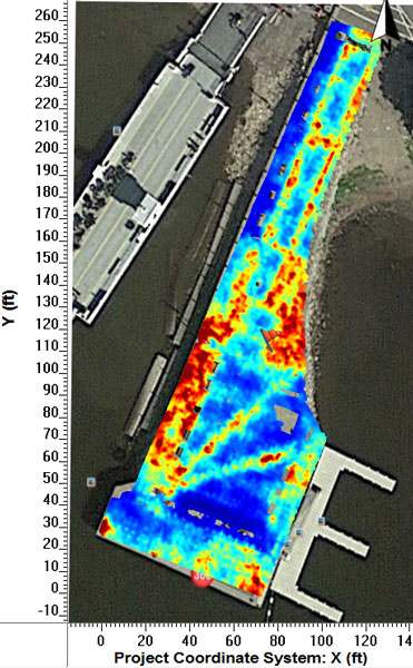 The 5.5 foot depth slice shows strong reflections from boulders and cobbles deep below the pier, under the interlocking brick. These areas showed the deepest GPR penetration. The 5.5 foot depth slice shows strong reflections from boulders and cobbles deep below the pier, under the interlocking brick. These areas showed the deepest GPR penetration.