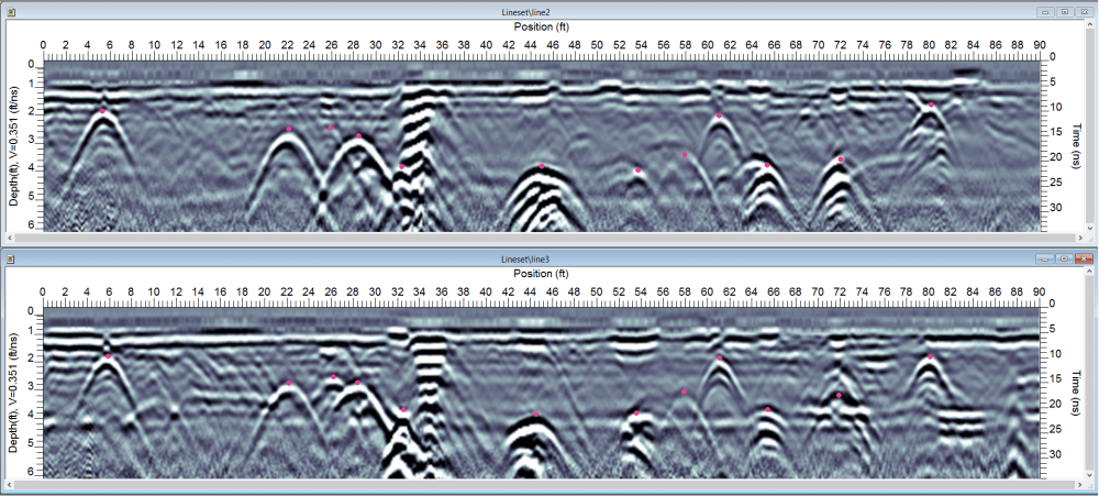 Using the LineView module in EKKO_Project™, multiple GPR lines are easily viewed at the same time Using the LineView module in EKKO_Project™, multiple GPR lines are easily viewed at the same time