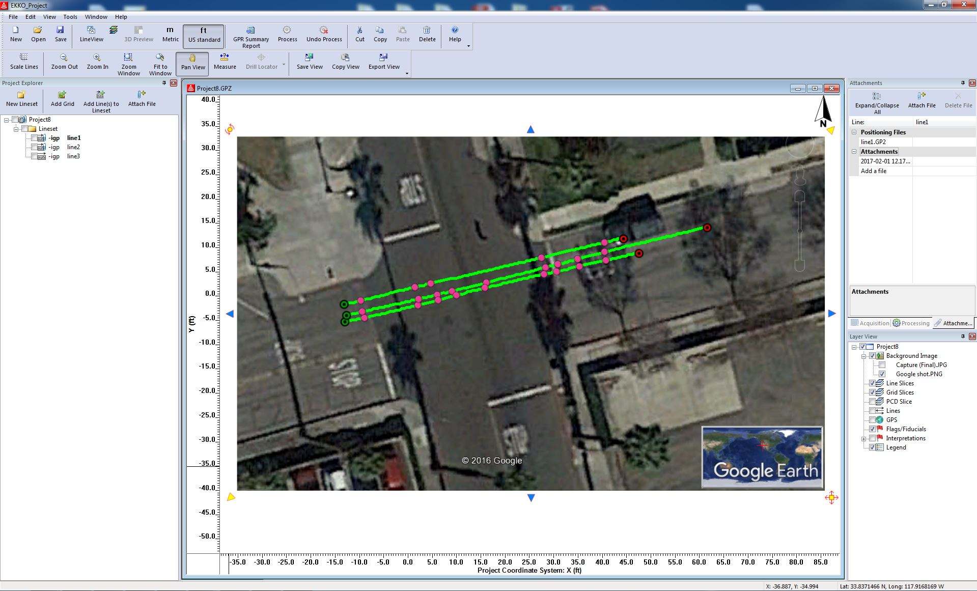 EKKO_Project™ MapView shows the location of GPR lines and interpretations, overlaid on a Google earth™ image EKKO_Project™ MapView shows the location of GPR lines and interpretations, overlaid on a Google earth™ image