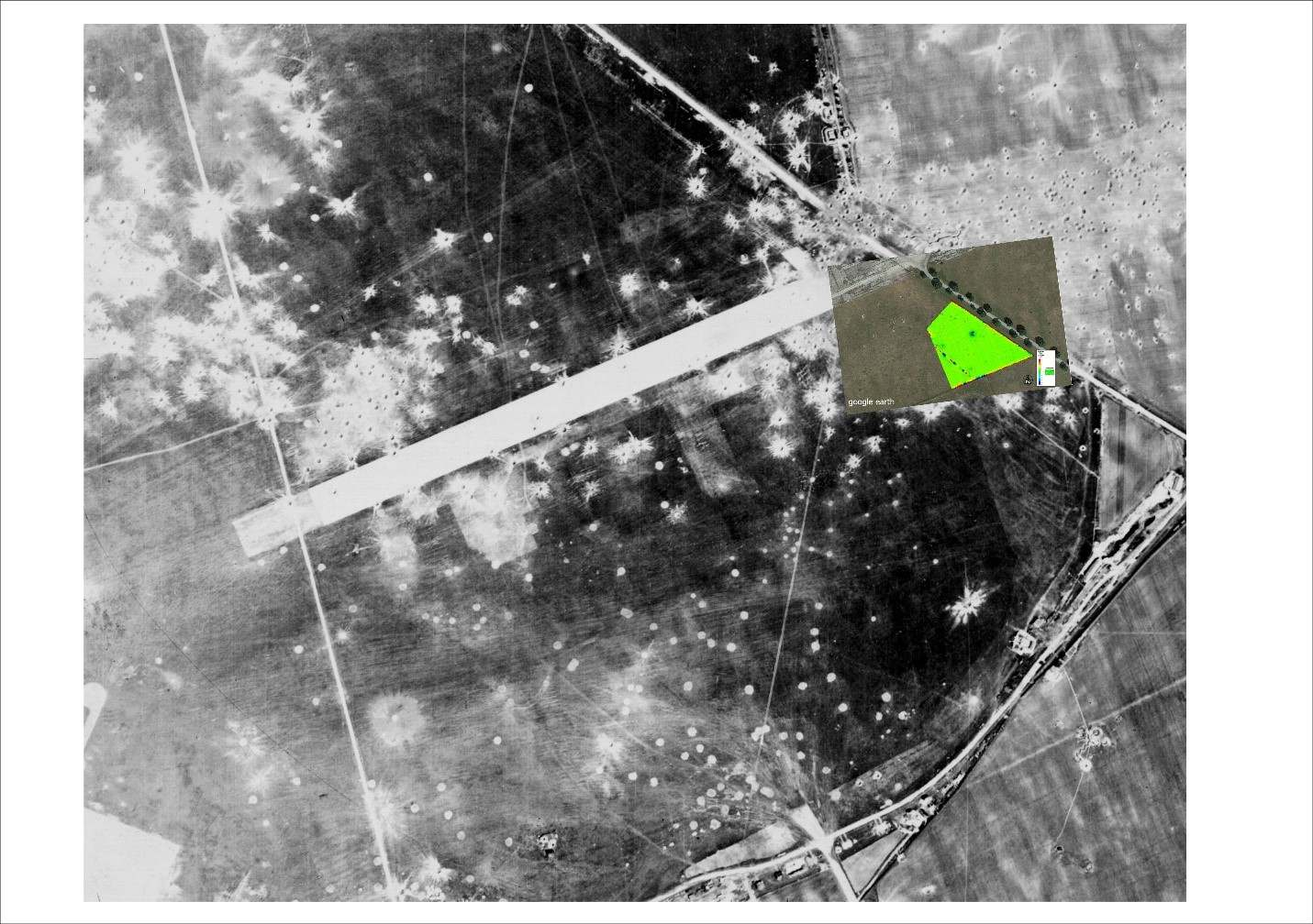 Aerial image of the airport in Oberschleissheim from 1945, with the UXO survey area overlaid in green. 