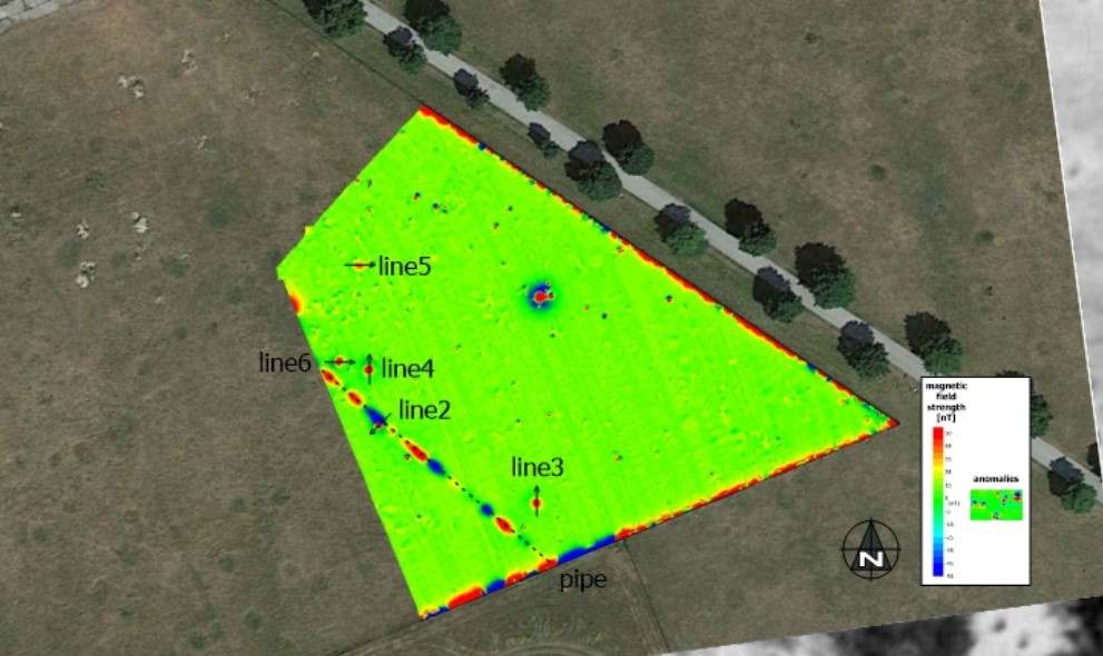 Magnetic survey results indicating point targets of interest. GPR lines (2-6) were collected over the areas of interest to confirm findings and determine depth of the target.
