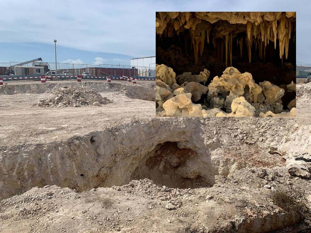Excavating the GPR targets confirmed the large cavity
in the limestone. Inset: A close-up inside the cavity shows
stalactites hanging from the ceiling, formed by water dissolving
and precipitating the limestone for thousands of years.